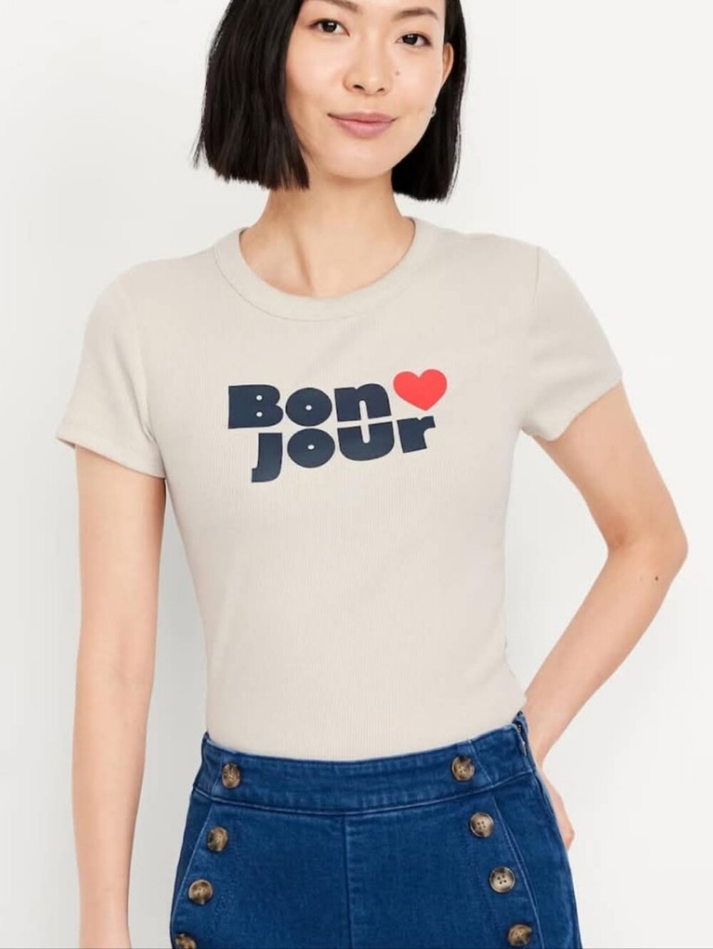 Old Navy Cream Tee with Navy 'Bonjour' and Red Heart Graphic